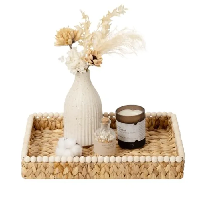 StorageWorks Rectangle Decorative Trays for Home Decor Farmhouse, Wicker Coffee Table Tray Decor with Wooden Beads and Handles, Large Woven Dining Room Decor Tray for Kitchen Counter, Living Room