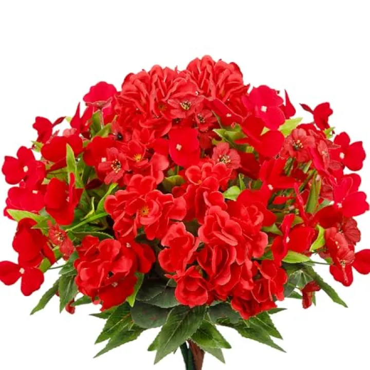 CITYES 8 Pcs Artificial Flowers for Outdoors Impatiens Silk Geraniums Flowers Red UV Resistant Faux Impatiens Flowers for Outdoor Planters Pot Patio Garden Hanging Basket Porch Table Indoor Decor