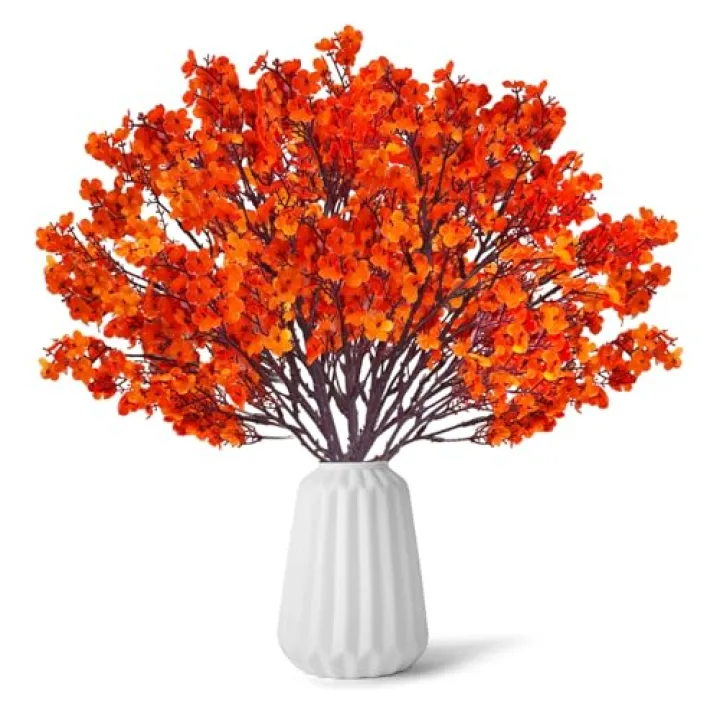 JOINCCI 12PCS Fake Fall Flowers Orange Baby Breath Artificial Flowers Real Touch Silk Floral Arrangement Thanksgiving Autumn Table Centerpieces Home Kitchen Decor