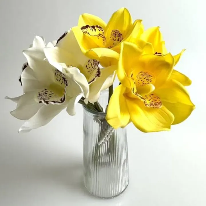 8Pcs Real Touch Artificial Cymbidium Orchids Bouquet, White and Yellow Realistic Silk Artificial Orchids, Artificial Flowers Outdoor Fake Flowers Green Shrubs Plants for Wedding Home Decoration