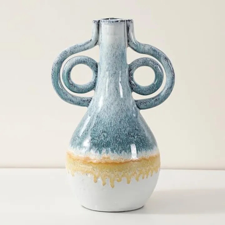 Ceramic Vase Aesthetic Reactive Glaze Decorative Flower Vase with Handles for Modern Rustic Home Decor, Living Room Bookshelf Mantel Table Centerpiece, 10.6 Inch