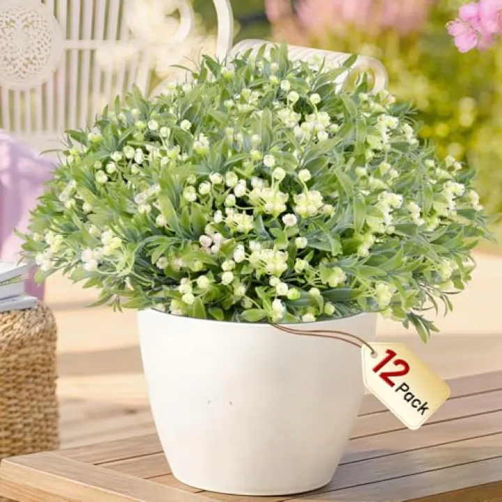 WOHSEROM Babys Breath Artificial Flowers - 12 Bundles UV Resistant Hyper Realistic Faux Plants Gypsophila for Outdoor Porch Planters, Wedding, Garden Decoration (White)
