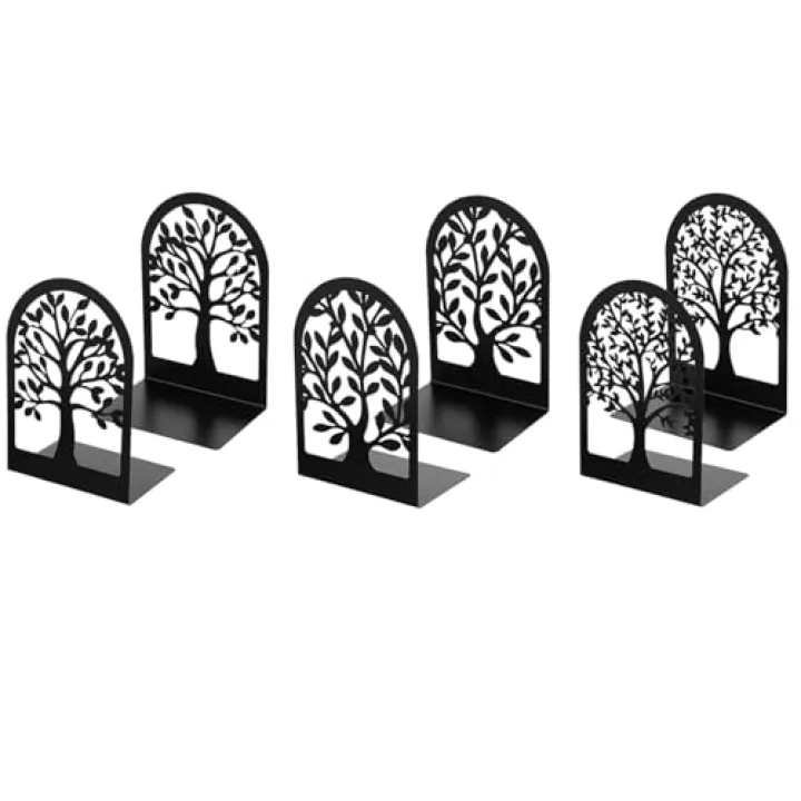 Reicyfang Book Ends Tree Design Modern Bookends for Shelves, Modern Metal Tree Book Ends for Shelves Decorative, Home Decorative Bookends for Home Office, 7 X 4.7 X 3.5 ”, Black, 3 Pairs/6 Pieces