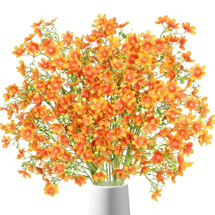 TOCHGREEN 10PCS Artificial Fake Fall Silk Flowers with Long Stems Faux Bulk Babys Breath Flowers Orange Plants Silk Flowers Bouquet for Halloween Thanksgiving Autumn DIY Floral Arrangement Decor