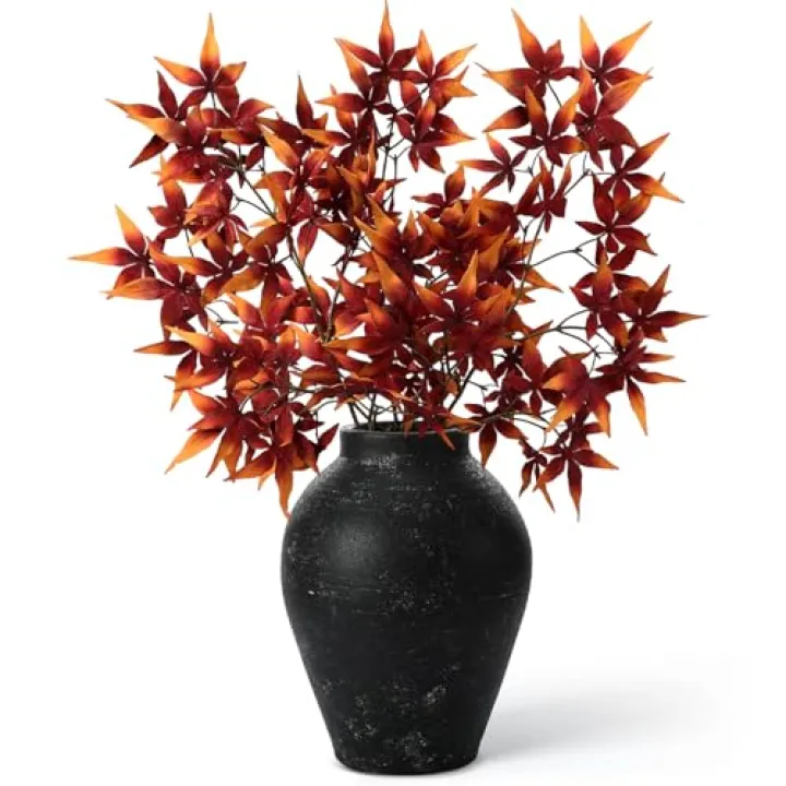 Janinka 29" Fall Artificial Japanese Maple Leaves Stem Fake Fall Maple Leaves Stem Autumn Faux Bushes for Vase Farmhouse Table Centerpiece Halloween Thanksgiving Decor 3 Pcs(Orange Red)