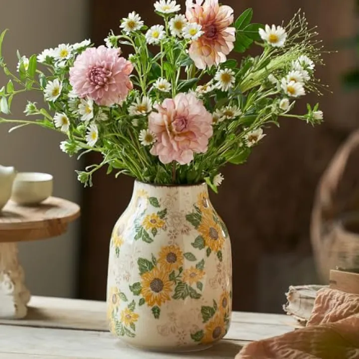 Levvohd Vintage Ceramic Vase, 7.7 Inch Yellow and Beige Sunflower Floral Modern Flower Vases for Home Decor Aesthetic Living Room Bookshelf Office Tuscan Decorations (Conical)