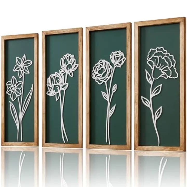 HKBS 3D Wooden Floral Wall Art, Set of 4 Framed Flowers Wall Art Sculptures, Boho Farmhouse Minimalist Decor for Bathroom Bedroom Living Room Kitchen or Office Wall Decorations Housewarming Gifts (Green)