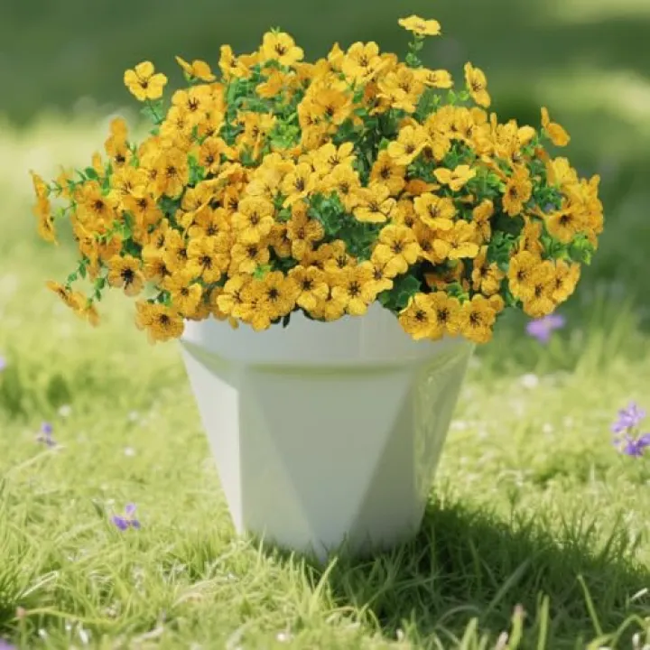 LEIYULY 12 Bundles Artificial Flowers for Outdoor, UV Resistant Faux Mums with Eucalyptus Leaves Fake Plants for Outdoor Planters Greenery Boxwood Porch Patio Decoration