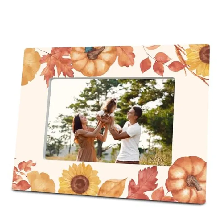 4X6" Autumn Maple Leaf Photo Frame With A Wood Stand Behind- Fall Themed Decor with Pumpkin Sunflower Leaf Print- Thanksgiving & Autumn Decorations, Cozy Fall Gift Idea (Horizontal)- A35