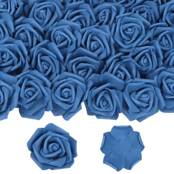 Uznaeoi 50 Pcs Artificial Navy Blue Fake Roses Flower Head, Simulated Foam Artificial Fake Roses for DIY Wedding Party Home Decoration Baby Shower Outdoor Party Stemless Roses