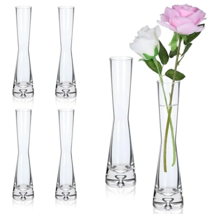 6 Pack Glass Bud Vases for Centerpieces, Handmade Modern Clear Small Skinny Decorative Single Flower Vase, Minimalist Slim Floral Vase for Home Wedding Party Events Table Decor, 7.87"