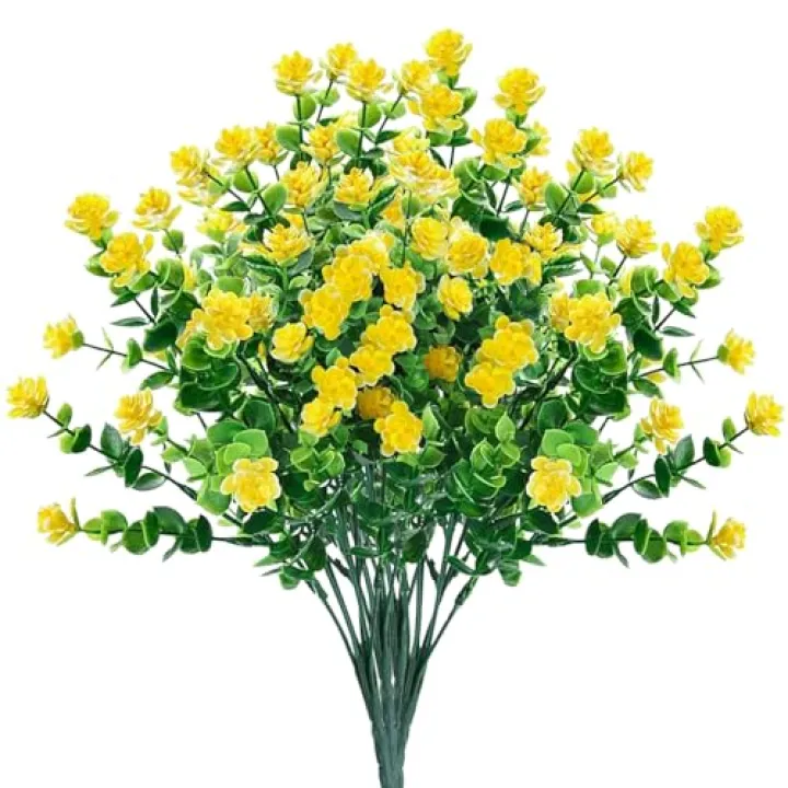7Queen Artificial Fake Flowers, Faux Outdoor Plastic Plants UV Resistant Shrubs Outside Indoor Decorations UV Resistant No Fade Faux Plastic Plants Garden Porch Window Box Décor4 Bundles