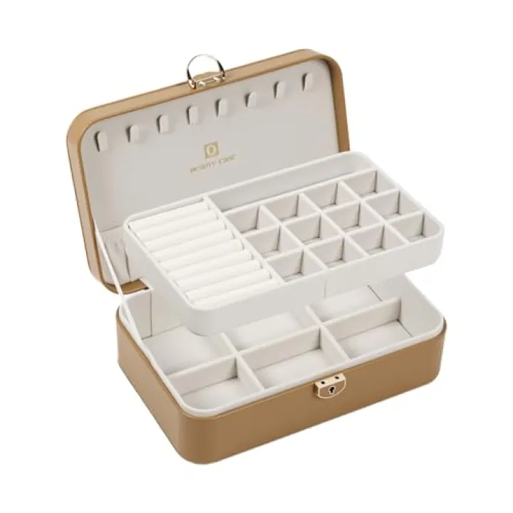 BEAUTY CASE Jewelry Box Organizer for Women Girls, 2 Layer Large Jewelry Storage Case, PU Leather Display Jewelry Holder with Removable Tray for Necklace Earrings Rings Bracelets,Brown