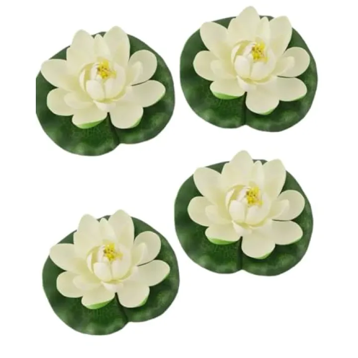 LiZEROGDAX 4PCS White Artificial Floating Foam Lotus Flower with Water Lilys Pad Ornanments, Fish Tank Aquarium Lifelikes for Patio Pond Pool Home Garden Special Event Decoration