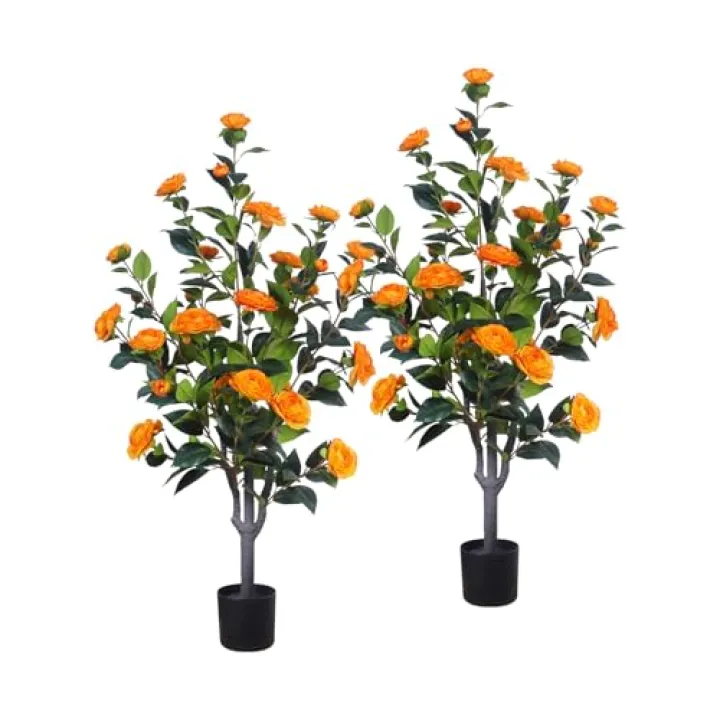 3.2FT Artificial Camellia Tree, Faux Camellia Plant Fake Potted Camellia Flower Tree, Orange Faux Potted Plant, Indoor Outdoor Decor for Home, Office, Porch, Patio, Pack of 2