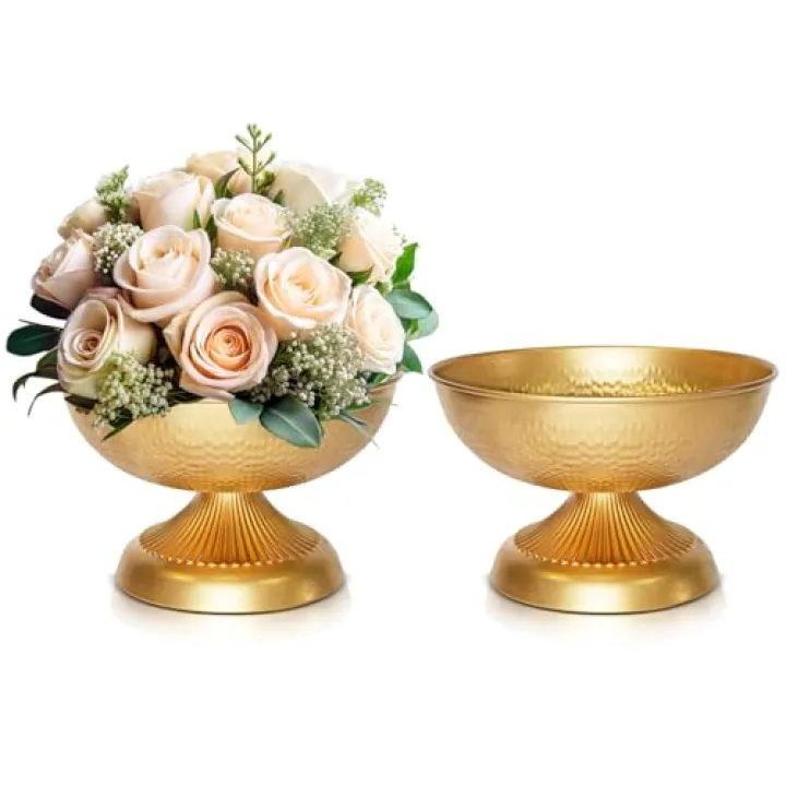 AZXTOPSEZ Gold Compote Vases for Centerpieces: 4.72 Inch Hammered Flower Vase for Wedding Gold Centerpieces for Table Wide Metal Pedestal Small Urn Vase for Party Event Home Decor Set of 2