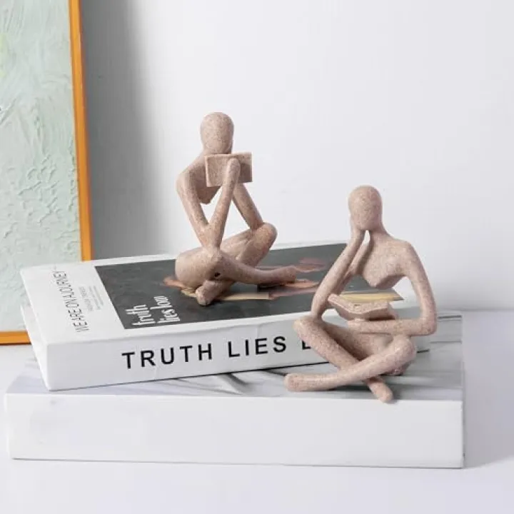 Reading Thinker Statue, Sculptures Abstract Art Ornament, Modern Aesthetic Figurine Decoration Set of 2 Status for Home Living Room Bedroom Office Shelf Table Desk Bookshelf Decor (Sandstone)