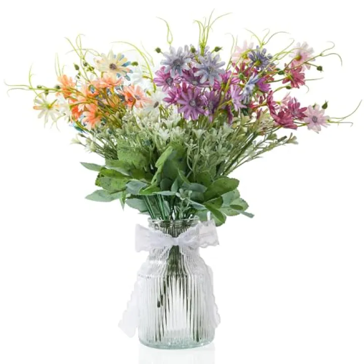 Fake Flowers in Vase,6Pcs Silk Daisy Flowers Artificial Arrangements with Ribbed Glass Vase Faux Flowers Wildflower Daisy Party Birthday Wedding Centerpiece Table Decorations Home Decor (Multicolor)