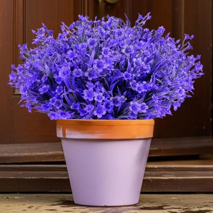 ICEROYCE 12 Bundles Artificial Flowers Fake Bouquets for Outdoor Planters, UV Resistant Faux Floral, Realistic Purple Flowers for Home Garden, Porch Decor