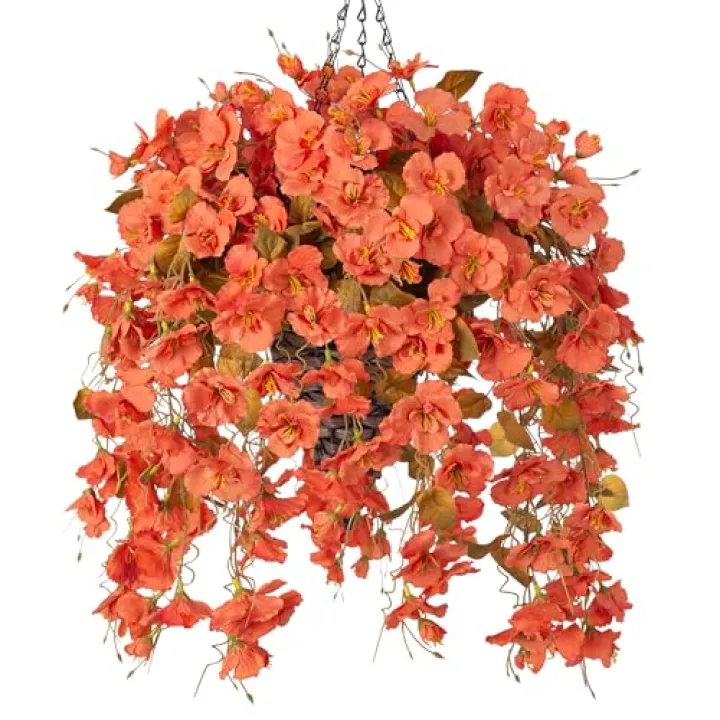 Artificial Hanging Hibiscus Flowers with Basket for Outdoors Decoration, UV Resistant Fake Hibiscus Vines Faux Plants Realistic Silk Flowers for Planters Outside Home Patio Porch Balcony,Fall Orange