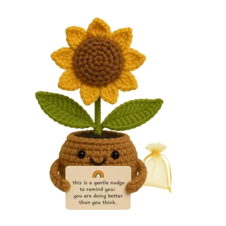 PERZUMI Crochet Sunflower with Positive Messages | Handmade Crochet Flower Desk Decor | Emotional Support Gift for Teacher, Friend, Coworkert | Light Brown Pot