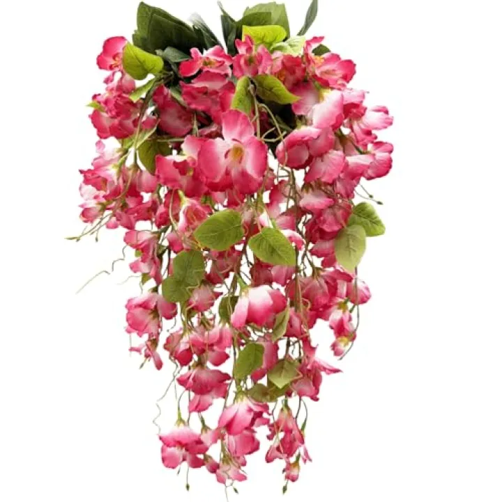 JOJAZE 2 Pcs Fake Hibiscus Flowers for Outdoors Artificial Hanging Plants Realistic UV Resistant Silk Faux Hibiscus Flowers Trailing Vines Pink for Outside Porch Yard Decor