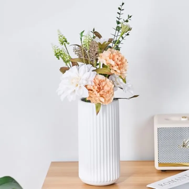 Ekirlin White Ceramic Flower Vase - 8 inch Small Vase for Home Decor, Pampas Grass Decorative Centerpiece Ribbed Vase for Dining Table, Office, Desktop, Mantel, Entryway, Farmhouse, Best Gift