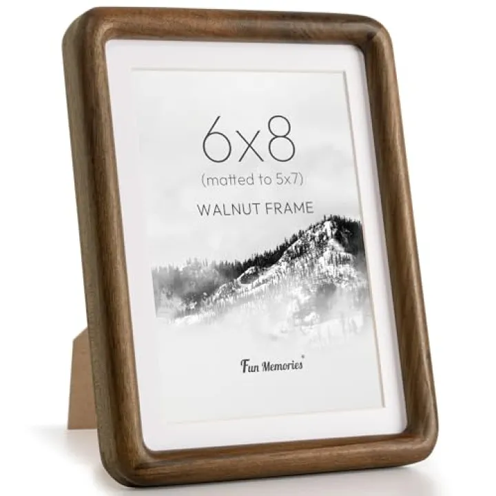 Fun Memories 6x8 Picture Frame, Solid Walnut Wood Frame with Real Glass, Hard Wood 6 by 8 Photo Frame for Wall & Tabletop Display, 6x8 Picture Frame Matted to 5x7, Natural Walnut Color