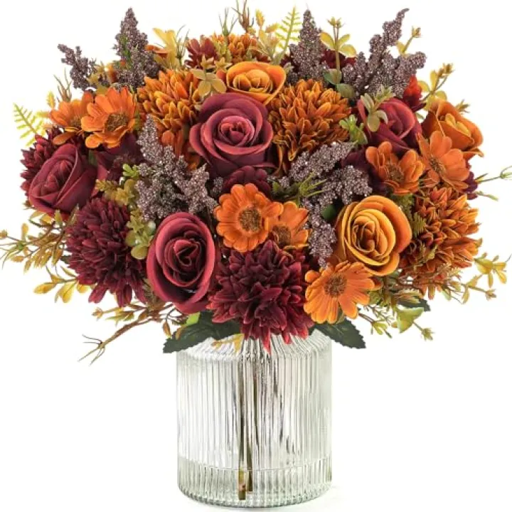 Dremisland Artificial Flowers Like Real Artificial Bouquet 4 Packs Silk Artificial Roses Bouquet with Daisy Chrysanthemum Pink Flowers for Centerpiece Table Wedding Party Home Decor