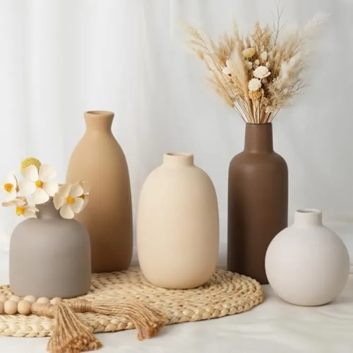 Modern Ceramic Vase Set of 5, Vases Home Decor Rustic Farmhouse Decorative Vase Pottery Vases for Bouquet Pampas Grass Dried Fresh Flowers, Table Living Room Kitchen Bedroom