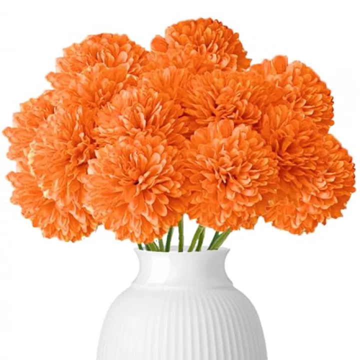 REJODA 15 Pcs Thanksgiving Day Artificial Chrysanthemums Flowers Marigold Ball Flower, Orange Fake Mums Silk Fall Flowers for Home Office Coffee House Deco Parties and Wedding