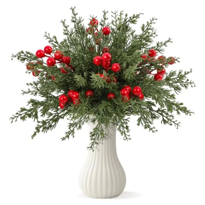 Dapclca 50 Pcs Christmas Artificial Pine Branches with Red Berry Stems, 10.5" Faux Evergreen Norfolk Pine Cypress Leaves Stems- Fake Foliage Pine Needles Picks for DIY Craft Garland Home Décor