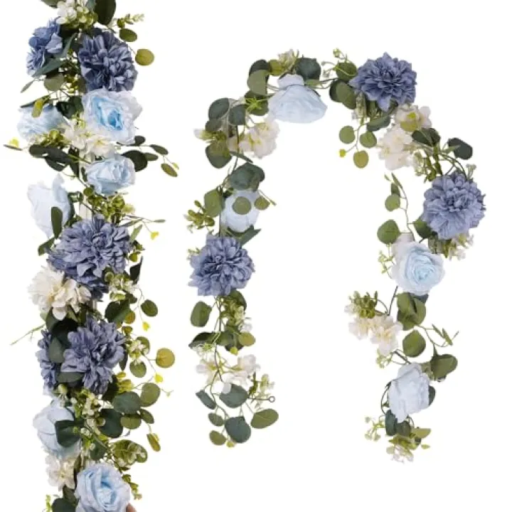 Beksodi 2Pcs Flower Garland Decorations, 12.27Ft Blue Flowers Rose Garland, Artificial Eucalyptus Greenery Vines with Floral for Wedding Wall Arch Table Centerpieces Backdrop Room Decor (Blue)