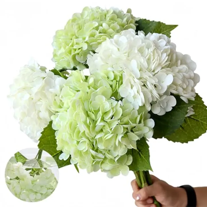 ASTRYAS Artificial Hydrangea Flowers 4 Pcs 2 White 2 Light Green 21 inch Fuax Real Touch Lifelike Fake Latex Hydrangea Flowers for Home Party Outdoor Wedding Gifts Christmas Table Decoration
