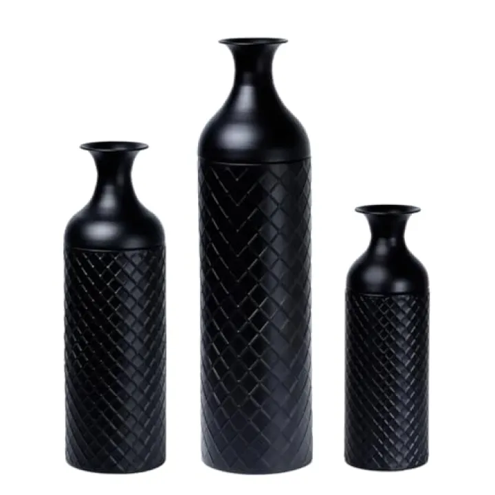 CheeryStow Tall Black Metal Floor Vases Set of 3 with Rhombus Lattice Pattern, Decorative Standing Vases with Detachable Lid for Pampas Grass, Branches & Home Corner Decor, Modern Farmhouse Style