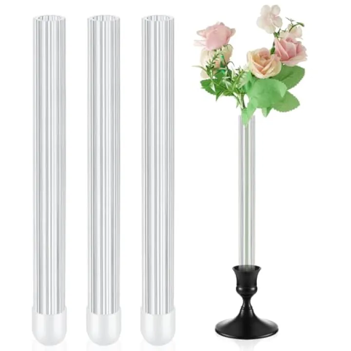 Ninehaoou 3 Pcs 7.9" Bud Vase Taper Candle Holder's Acrylic Striped Bud Vase with Silicon Rubber Case Designed Specially for Taper Candle Sizes from 22mm to 27mm for Wedding Tablescapes Decoration
