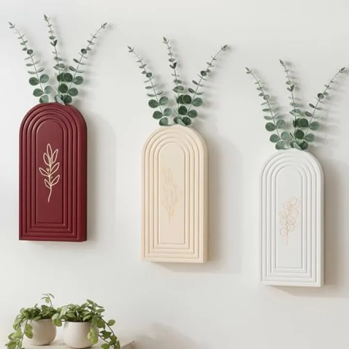 AceOrbit 3 Pack Wooden Wall Vase Set with Fake Eucalyptus Stems, Brown Finish Modern Farmhouse & Boho Wall Decor for Entryway, Hallway, Bathroom, Living Room, Dining Room, Narrow Spaces