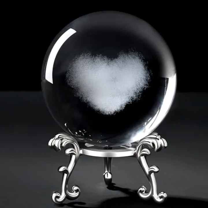 MAIBAOTA 3D Crystal Heart Decor Valentines Figurines Valentines Day for Her Women 60mm Glass Laser Ball Paperweight with Stand Glass Sphere