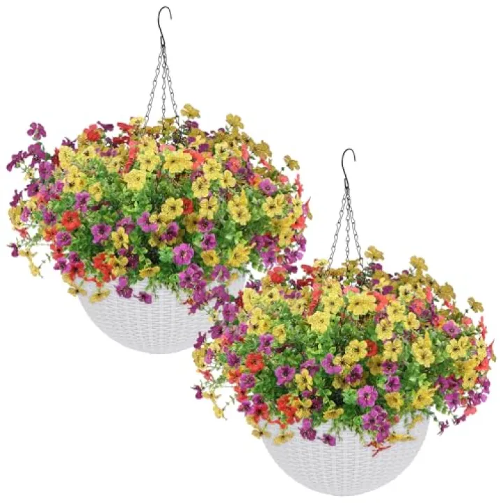 HEbsjjhd 2 Sets of Artificial Hanging Plants Flowers Basket for Outdoor, 2 Sets Dry and Wet Separation Hanging Baskets, Suitable for Spring Summer Porches, Terraces, Courtyard Home Decoration