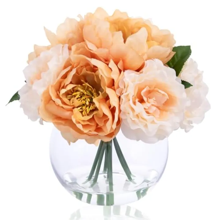 Artificial Flowers in Vase, Silk Peonies Flower Bouquet for Vase with Faux Water, Fake Flower Arrangement for Winter Wedding Party Dinning Coffee Table Centerpieces & Mom's Gift (Apricot & Nude)