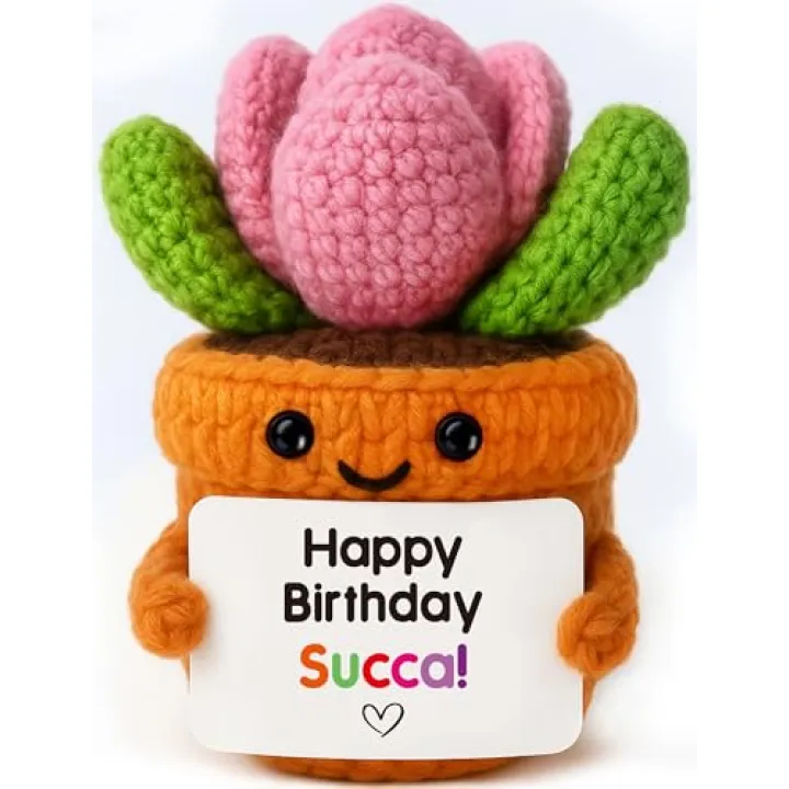 Happy Birthday Succa - Handmade Crochet Succulent Plant Funny Fake Pot Plush - Handmade Bday Gifts Ideal for Women Friends, Her, Sisters, Besties, Coworkers, Family