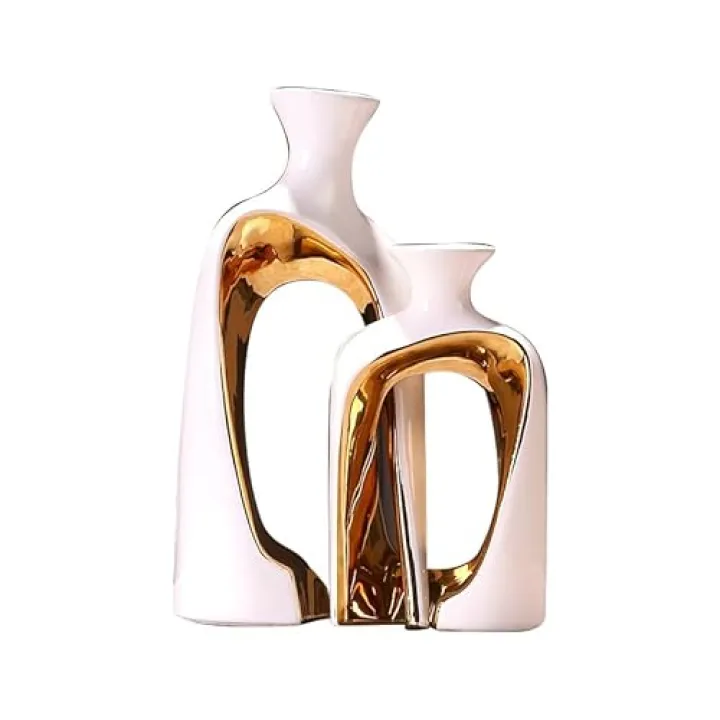 2 Pieces White Gold Ceramic vase Set Home Ceramic Decorative vase furnishings Abstract Decorative vase Office Centerpiece Decoration Suitable for Bookshelves, Fireplace