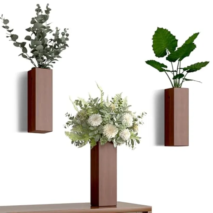 Ciwuchan Wall Mount Wood Vase for Living Room,Modern Wood Planter Art Decor for Fake Plants Greenery Flowers,Farmhouse Bedroom Kitchen Dinning Bathroom Home Office Decoration (Brown)