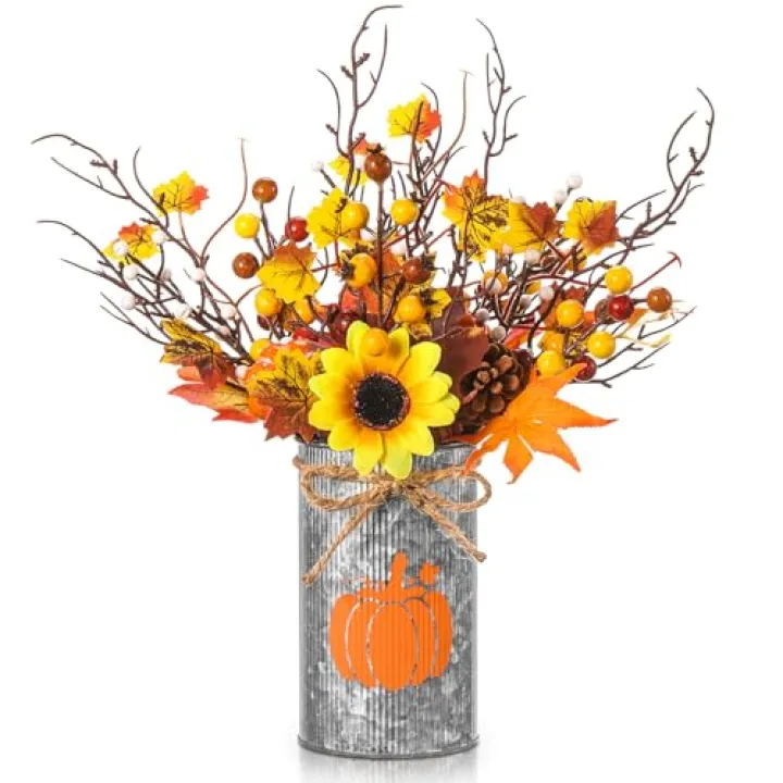 SiliFine Thanksgiving Fall Table Centerpiece Decoration Vintage Artificial Sunflower Stem Maple Berry Pick with Pumpkin Metal Pot for Autumn Rustic Harvest Farmhouse Home Dining Decoration