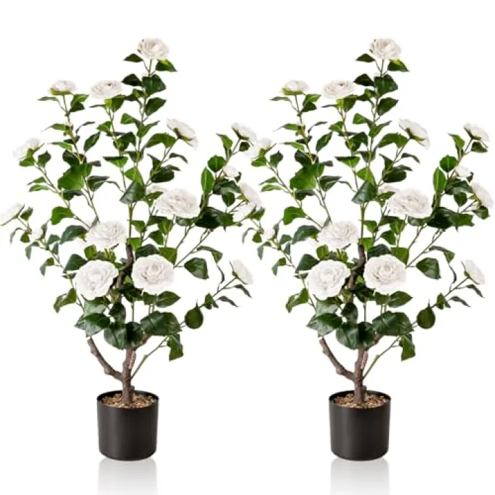 Artificial Camellia Tree,2Pack 3.2FT Faux White Camellia Plants in Pots,Lifelike Artificial Flower Trees for Indoor Outdoor Home Decor,Christmas,Realistic Blooming Faux Plants for Living Room Porch