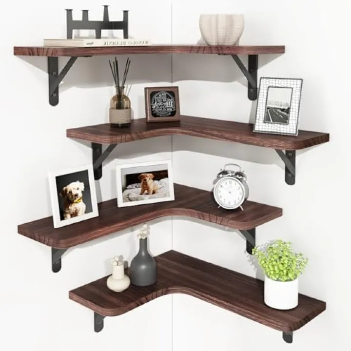 YGEOMER Corner Floating Shelves, Wall Mounted Corner Shelf for Bathroom, Kitchen, Bedroom, Home Decor, Laundry Room, Living Room(Set of 4 Walnut Brown)