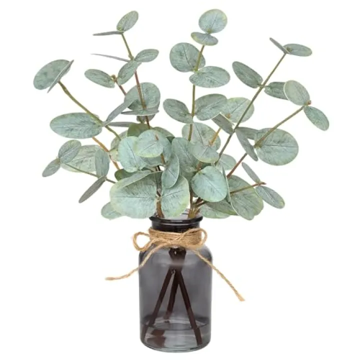 Piklado Artificial Eucalyptus Stems in Vase with Faux Water,Fake Plants for Bathroom,Coffee Table,Green Leaves for Centerpiece,Faux Greenery Plants Decorations.(Green-Black Bottle)