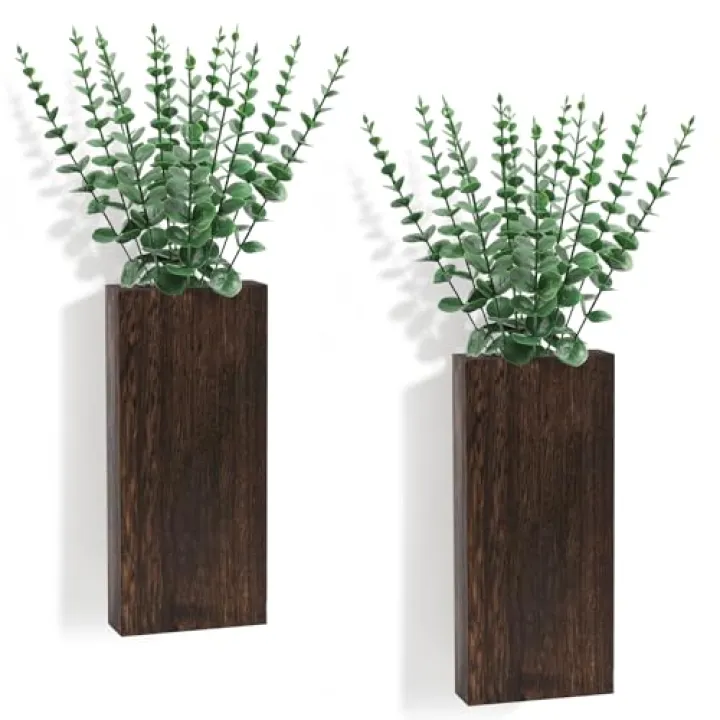 2 Pack Small Wooden Wall Hanging Plant Pots Vase for Home Indoor Kitchen Modern Farmhouse Bathroom Living Room Dining Room Entryway Hallway Wall Decor Free Common Fake Eucalyptus (Brown)