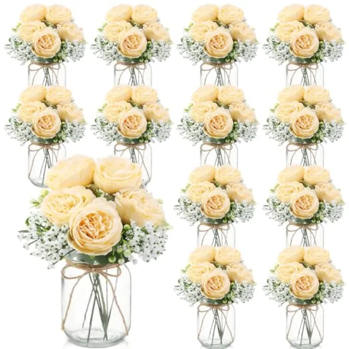 Zeyune 12 Sets Mason Jar Centerpiece Table Decorations, Artificial Peony Baby's Breath Flower Bouquets, Faux Flowers with Vase, Rustic Decor Gifts for Home, Wedding, Holiday (Champagne)
