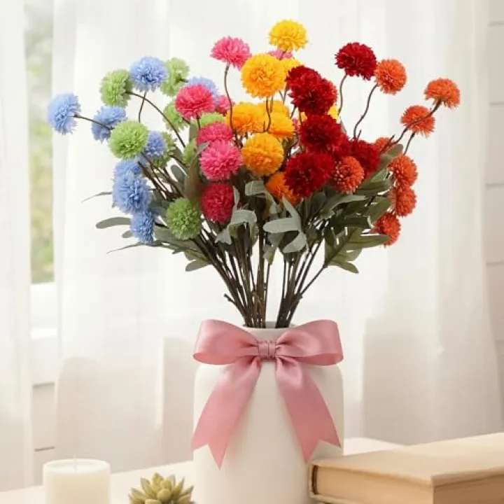 Norme 12 Pcs Colorful Faux Silk Pompon Mum Artificial Flowers Bulk Fake Mini Chrysanthemums with Stems for DIY Bouquet Centerpieces Wedding Fall Decorations for Home Vase
